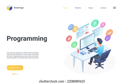 People Programming Isometric Illustration. Cartoon Professional Programmer Developer Or Coder Man Character Working With Code Script Program Language In Editor On Computer Screen Landing Page