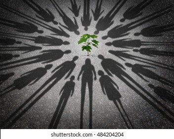 People Protecting The Environment And Humanity Joining Together To Provide Safety To A Vulnerable Sapling Tree As The Cast Shadows Of Diverse Community Surrounding A Plant In A 3D Illustration Style.