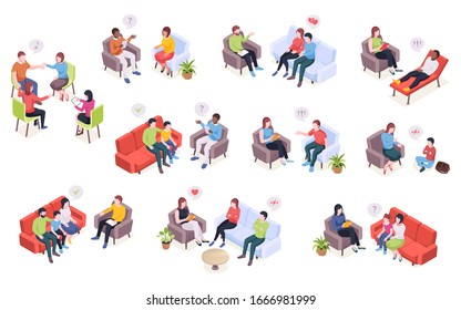 People At Psychotherapy Session, Psychologist Counseling For Family Couples And Kids, Isometric Design. Psychologist Doctor And Patients In Couch At Psychology Therapy Talking About Problems