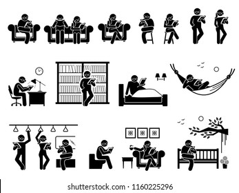 People reading book at different places. Pictogram depicts man and woman sitting and standing to read book on couch, chair, table, library, bed, hammock, train, toilet, coffee shop, and garden park. - Powered by Shutterstock