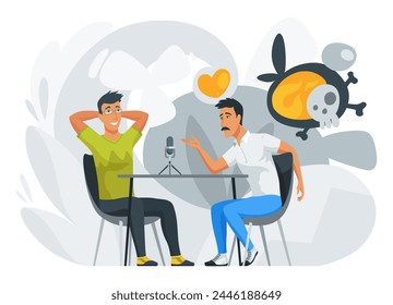 People recording podcast in radio studio. Male radio host interviewing guest. Mass media broadcasting. Sound recording equipment, microphone. Radio station cartoon characters on cartoon background - Powered by Shutterstock