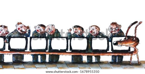 people repairing old televisions that are\
standing on the body of a dachshund, isolated image, watercolor,\
illustration