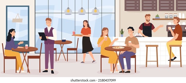 People in restauran have dinner, date or meeting.  restaurant cartoon together, characters young friendship illustration