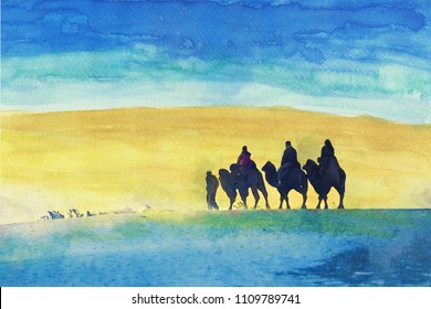 People Are Riding Camels In A Desert. Watercolor Painting.