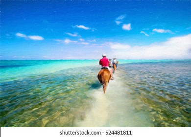 People Riding On Horse Back At The Caribbean Beach. Grand Cayman. Oil Painting Effect.