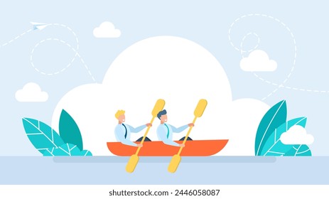 People rowing with paddles in kayak. Men rafting in sports boat with oars in river. Kayaking or Rafting Sport Competition. Sportsmen Rowing in Kayak. Extreme water activity. Flat illustration  - Powered by Shutterstock