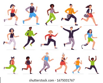 People Run. Running Person, Fast Girl And Sprinting Boy. Jogging Kids, Man And Woman. Runners Characters  Illustration Set. Athletes Training, Children Late For School. Healthy Lifestyle, Haste