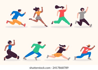 People running set in flat design. Happy men and women run and hurry, sport competition or aspiration direction metaphor. Bundle of diverse characters. Illustration isolated persons for web - Powered by Shutterstock