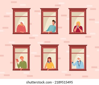 People Self Isolation Stay Home. Life People In Quarantine Through Open Windows Guy Listens Music Reads Book Girl Drinks Coffee Speaks Phone, Older People Look Outside. Clipart.