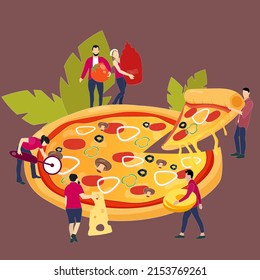 People Sharing Pizza Dinner. Illustration. Tasty Fast Food Cartoon, Character With Piece Of Pepperoni, Eating And Sharing Snack, Friendship Party