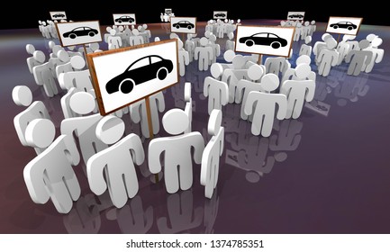 People Shoppers Around Car Signs Auto Dealerships 3d Illustration