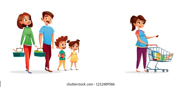 People with shopping carts illustration of family of man and pregnant woman with children in supermarket or grocery shop. Flat isolated people buying products in supermarket store - Powered by Shutterstock