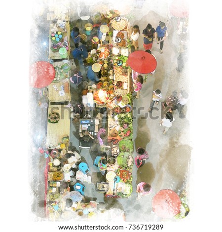 People shopping in local market in top view. Watercolor painting 