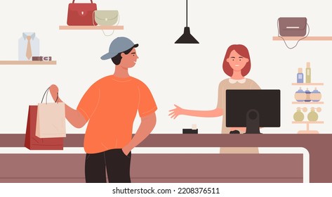 People Shopping, Shopper Man Buying And Standing With Bags Illustration. Cartoon Store Checkout Counter With Cashier And Shop Client Customer, Sale Business, Consumerism Of Retail Background