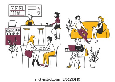 People sitting in cafe, drinking coffee and working on laptops illustration. Men and women coworking and chatting in coffeehouse. Barista serving coffee to customers. Coffeeshop interior - Powered by Shutterstock