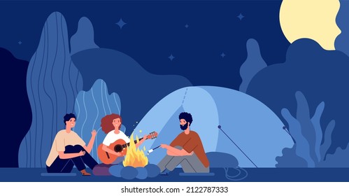 People Sitting Fire. Scary Night, Campfire In Forest And Friends. Man Woman Relaxing In Camp On Nature, Seasonal Travel Utter Concept