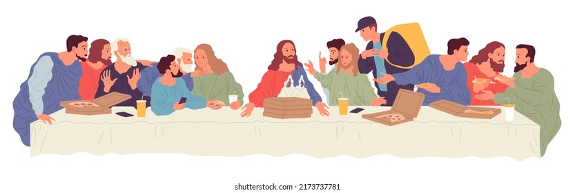 People sitting at table with food delivered by courier from food delivery service. Illustration based on Leonardo Da Vinci painting The Last Supper