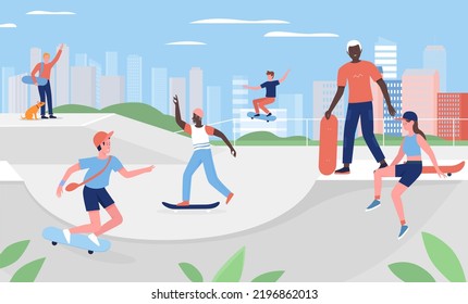 People Skateboarding In Urban City Park, Practice Fun Extreme Sports Outdoor Activity Illustration. Cartoon Sporty Active Young And Old Skateboarder Characters Jump With Skateboard Background