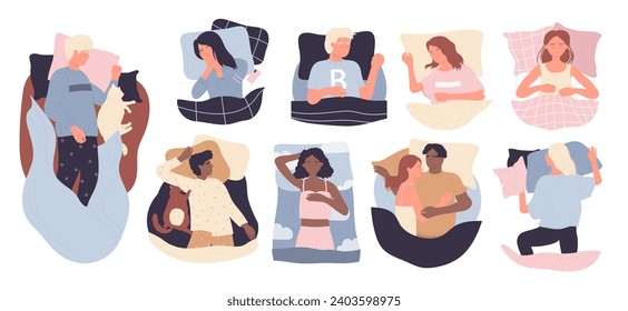 People sleep in bed in different positions set, top view illustration. Cartoon cute male and female characters in pajamas sleeping at night isolated on white. Sweet dreams, bedtime concept - Powered by Shutterstock