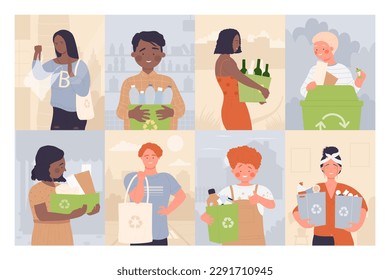 People sorting recycle garbage set, cleaning city illustration. Cartoon volunteer adult persons and kids sort plastic glass paper in trash containers, bags with recycling sign background - Powered by Shutterstock