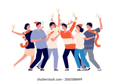 People with sparklers. Friend night party, christmas company on corporate festive. Group men woman celebrating new year illustration - Powered by Shutterstock