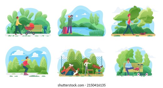 People Spend Time Outdoor Illustration. Cartoon Active Man Woman Characters Walking With Baby Pram Or Dog In City Park Or On Playground, Sitting On Bench And Reading, Hiking Isolated On White