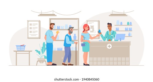 People standing in queue waiting to buy prescribed medicine at pharmacy. Patients talking to professional pharmacist selling pills and tablets. Line of men and women by counter. in flat style - Powered by Shutterstock