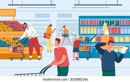 People in store. Men and women shopping at supermarket. Customers purchasing products. Grocery store, retail shop with consumers  illustration. Guy buying vegetable and fruit - Powered by Shutterstock