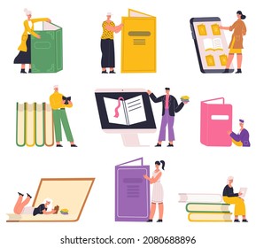 People studying and learning reading library paper and ebooks. Characters reading hobby, students reading library books  illustration set. Book lover persons education and study knowledge