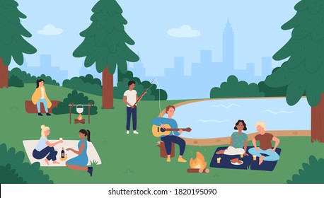 People in summer outdoor city park activity illustration. Cartoon flat woman man friends or couple have fun on picnic together, active characters fishing or eating food in nature background - Powered by Shutterstock