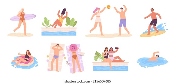 People At Summer Vacation, Swimming, Surfing And Sunbathing At Sea Beach. Man And Woman Characters In Swimsuits Play Volleyball  Set. Friends Taking Photo In Pool, Girl In Rubber Ring