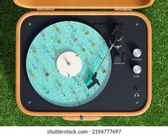 people swim in the pool in the form of a vinyl player top view 3D render. 3D Illustration - Powered by Shutterstock