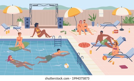 People swimming and relaxing by water, pool party and rest for male and female characters. Personage on inflatable mattress, sunbathing and enjoying summer vacations. in flat cartoon style - Powered by Shutterstock