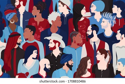 People Talking And Diversity Seamless Pattern. Communication Dialogue And Connection Between Crowd Of Diverse Multiethnic And Multicultural People. Community. Social Network. Inform
