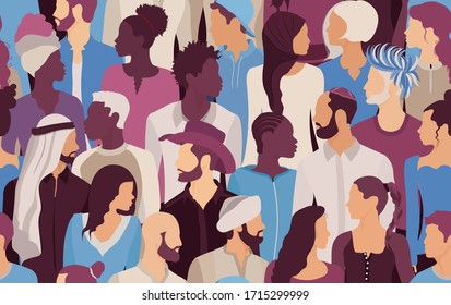 People Talking Diversity. Seamless Pattern. Communication Dialogue And Connection Between Crowd Diverse Multiethnic And Multicultural People. Community. Social Network. Inform. Solidarity