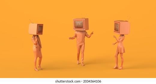 People talking with an old television instead of a head. Passive subjects. Control and manipulation of mass media. Television audience. 3D illustration. Copy space.