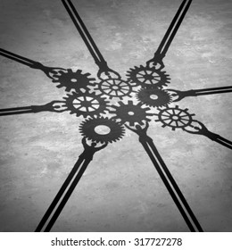 People Teamwork Holding Gears Connected Together As A Social Community Group Symbol Or Business Concept Working For A Common Cause With Cast Shadows Holding A Cogwheel Network In A Team Partnership.