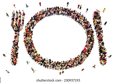 People That Like To Eat, Going Out To Dinner Concept. Large Group Of People In The Shape Of A Knife, Fork , And Plate On A White Background. Room For Text Or Copy Space.