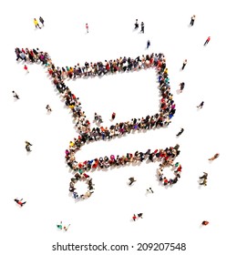 People That Like To Shop. Large Group Of People In The Form Of A Shopping Cart. Shopping Or Sale Concept On A White Background.Room For Text Or Copy Space,