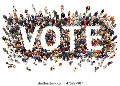 People that vote. Large group of people walking to and forming the shape of the word text vote on a white background. 3d rendering