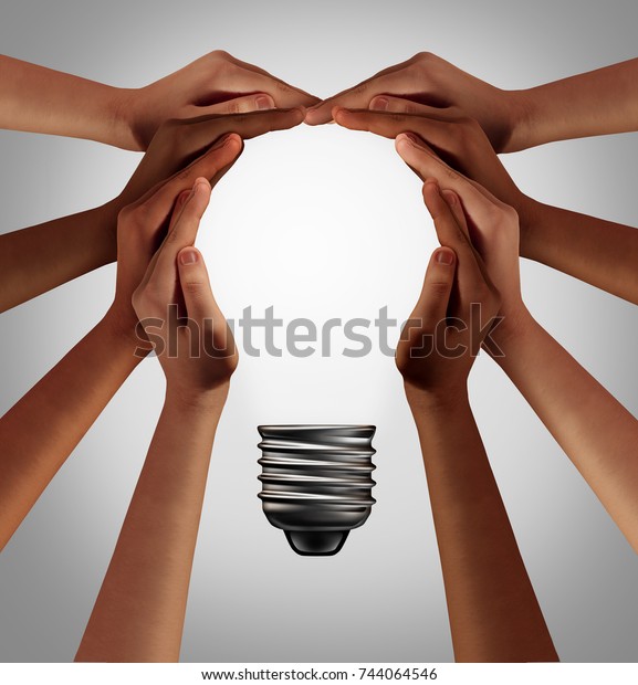 People thinking\
together as a diverse group coming together joining hands into the\
shape of an inspirational light bulb as a community support\
metaphor with 3D\
elements.