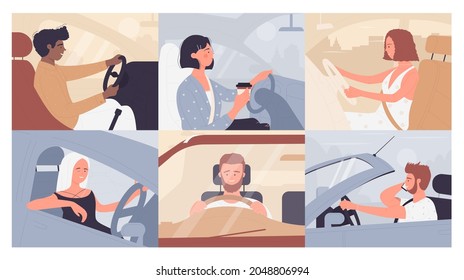 People Travel, Drive Auto On Vacation Car Road Trip Illustration Set. Cartoon Happy Young Man Woman Driver Characters Sitting In Automobile, Driving Vehicle In Roadtrip Background Collection