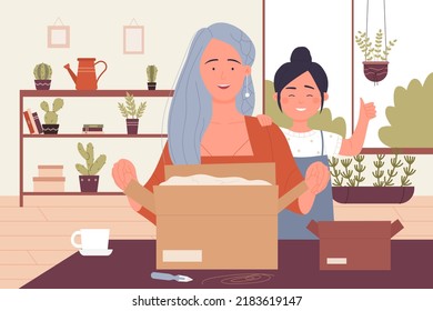 People Unpack Open Postal Package, Happy Family Pack Parcel Box Illustration. Cartoon Mother And Daughter Characters Opening Unpacking Unboxing Surprise Cardboard Box In Living Room Interior