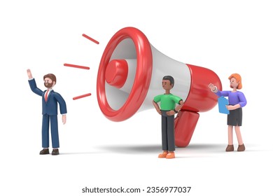 People use Big Loudspeaker to Communicate with Audience. PR Agency Team work on Social Media Promotion. Public Relation, Digital Marketing and Media Concept.3D rendering on white background.
 - Powered by Shutterstock