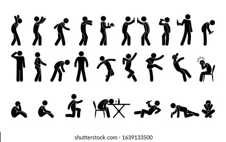 people in various poses, stick figure man icon, isolated silhouettes, drunk man, alcoholic illustration