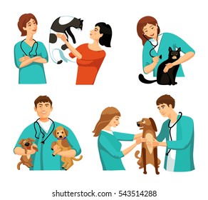 People veterinary set with veterinary doctor nurse clients dogs and cats flat isolated  illustration - Powered by Shutterstock