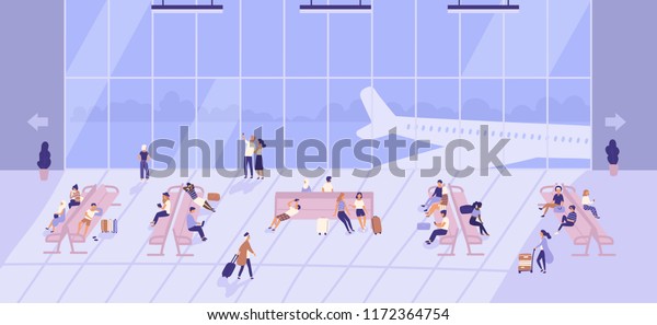 空港ビル内で待つ人々で 大きなパノラマ窓や飛行機が外にある 乗客はベンチに座り ターミナルで荷物を持って歩く 平らな漫画のイラスト のイラスト素材