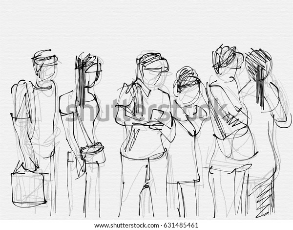 People Waiting Line Ink Sketch Stock Illustration 631485461