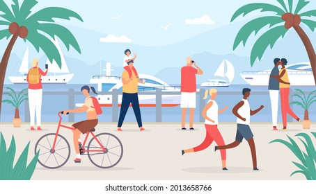 People walk on sea quay. Family and couple tourist at vacation look at sail boats. Seaside summer travel in tropic shore flat  concept. Person taking photos of yachts, woman riding bike - Powered by Shutterstock