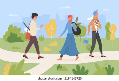 People Walk In Summer City Green Park Illustration. Cartoon Diverse Multicultural Multiracial Group, Boy Holding Phone, Elderly Character With Bouquet Of Flowers, Young Woman In Hijab Walking